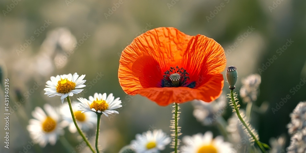 A vibrant red poppy stands out in a field of white daisies. This image captures the beauty of nature and the simple joys of floral life. Ideal for nature lovers and floral aesthetics. AI
