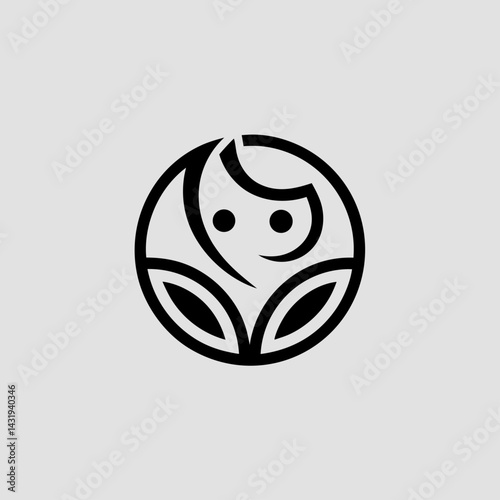 A stylized circular emblem depicting a serene face nestled within leaves, conveying peace and growth in a minimalist black and white design.