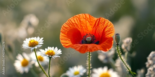 Obraz na płótnie A vibrant red poppy stands out in a field of white daisies. This image captures the beauty of nature and the simple joys of floral life. Ideal for nature lovers and floral aesthetics. AI w salonie