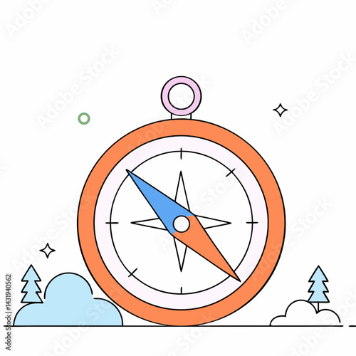 A trusty compass points the way on a journey through a whimsical, pastel landscape with simple line art.