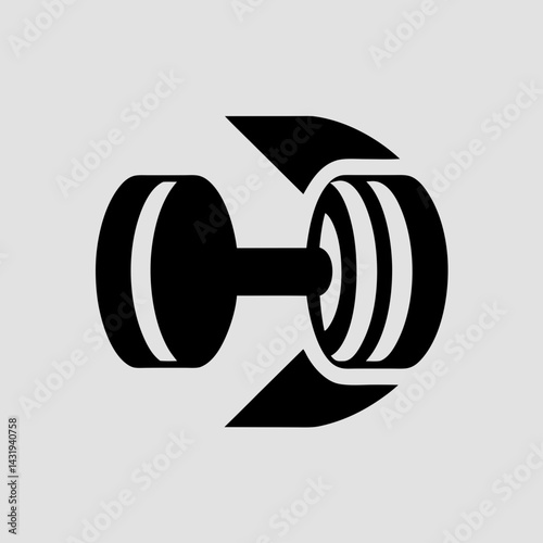 Dynamic dumbbell design symbolizing fitness strength and power with bold black silhouette against a light gray background.