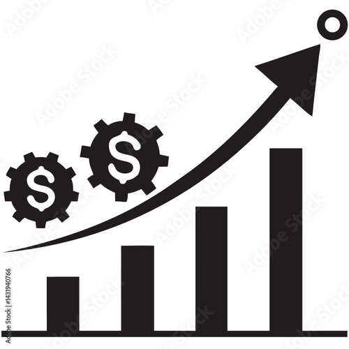 Financial growth powered by efficient teamwork leading to significant profits with a bold upward trend and simple black and white design.