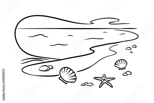Simple line art beach scene with starfish shells ocean and waves for creative designs