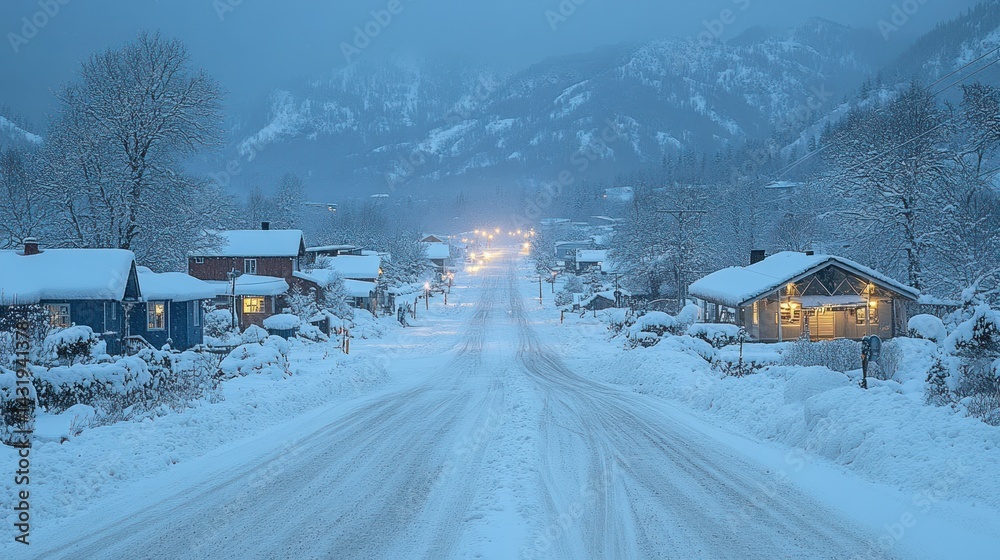 Snowy Village Street at Dusk: A Winter Wonderland Snowy Village Street at Dusk: A Winter Wonderland