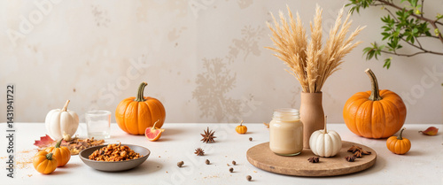Minimalist autumn centerpiece with pumpkins and spices, seasonal warmth