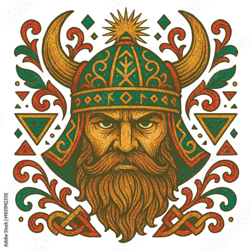 Ornamental Viking warrior face with horned helmet, fierce expression, and Celtic symbols. Nordic mythology pattern illustration in bold vintage style on white background. Vector isolated design.