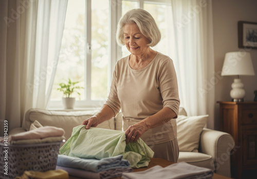 Older woman ironing clothes in a cozy kitchen with steam rising.