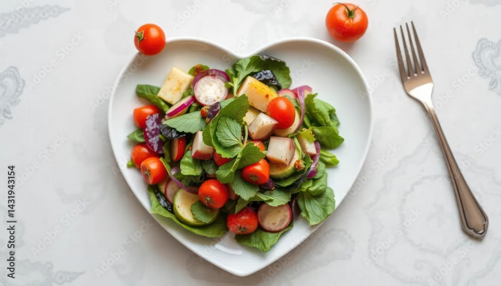 Heart-shaped plate filled with fresh salad Heart-shaped plate filled with fresh salad