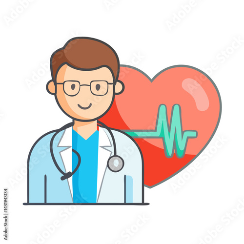 Doctor Cartoon with Heart and ECG Pulse Illustration