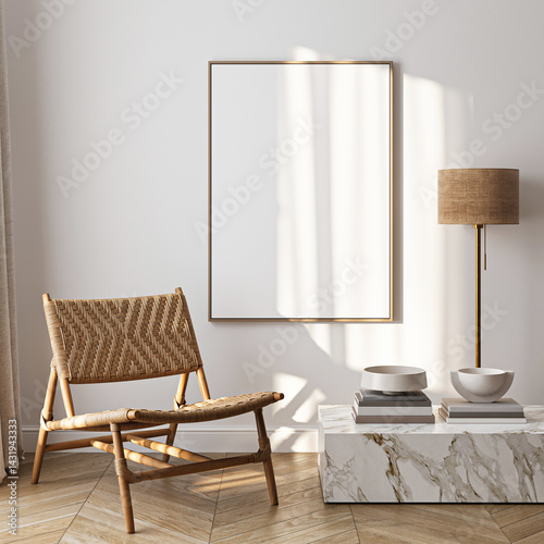 Frame mockup, ISO A paper size. Living room wall poster mockup. Interior mockup with house background. Modern interior design. 3D render
