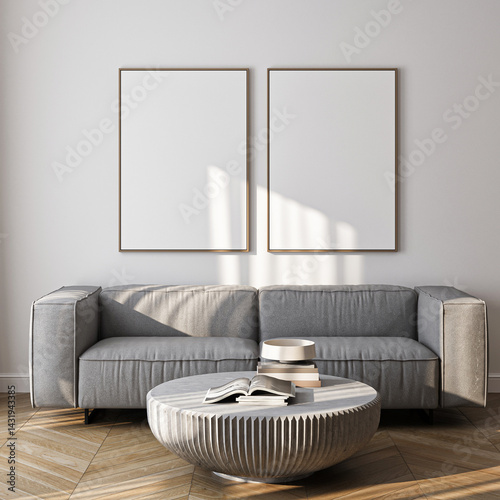 Frame mockup, ISO A paper size. Living room wall poster mockup. Interior mockup with house background. Modern interior design. 3D render
