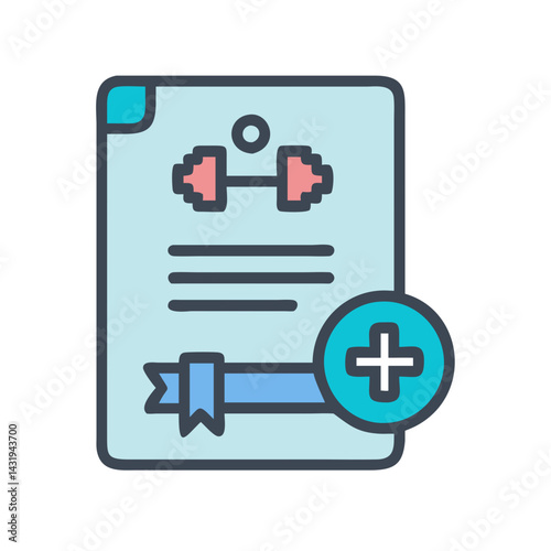 Gym membership contract icon with add button sign
