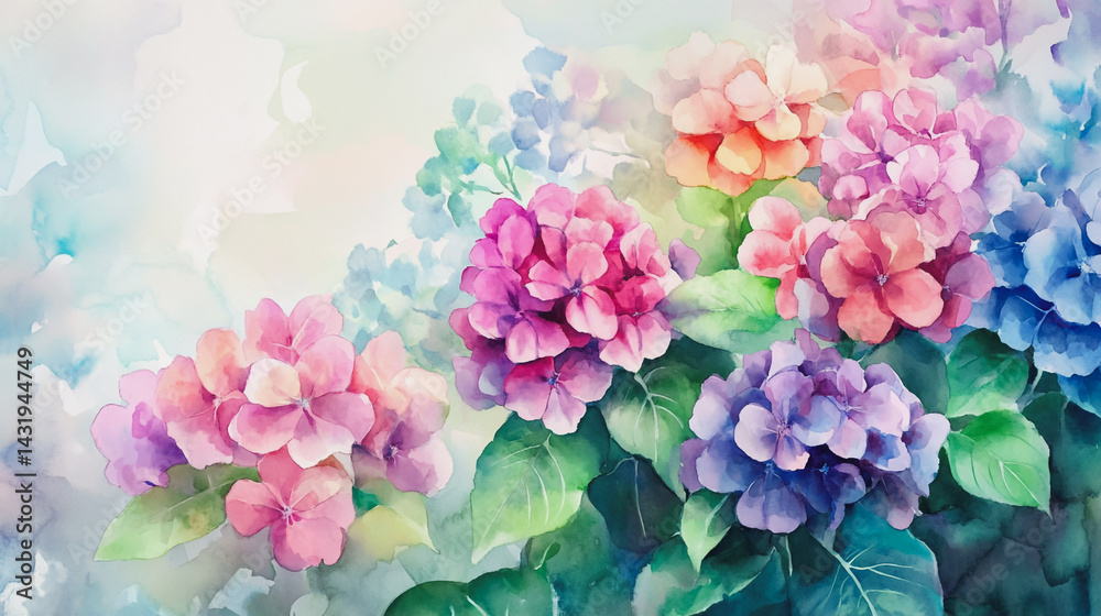 Fototapeta premium Elegant wedding invitation card background . Minimal hand painted watercolor Hydrangea flowers texture template background. Design for wedding, vip cover, poster, rsvp moderncard.Valentine's Day
