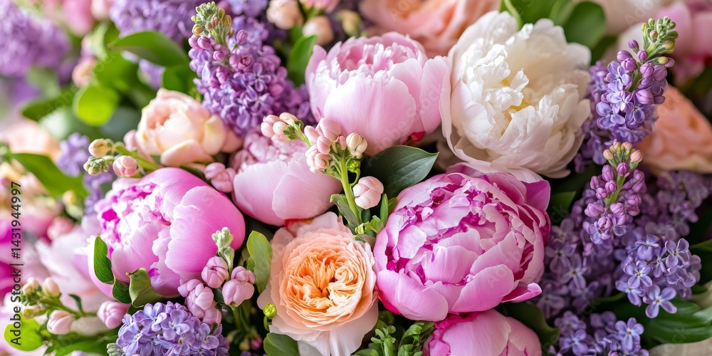 A beautiful bouquet filled with seasonal flowers in soft shades. This floral arrangement includes peonies and lilacs, perfect for weddings or special occasions. Fresh and vibrant. AI
