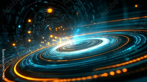 Abstract digital art with concentric circles and glowing particles