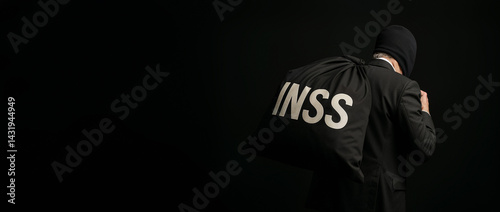 Financial Scandal Allegory: INSS Theft Under Darkness. INSS fraud. 