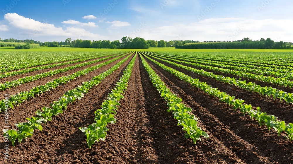 Verdant Field of Young Crops Thriving Under Azure Sky, Epitome of Agricultural Verdant Field of Young Crops Thriving Under Azure Sky, Epitome of Agricultural