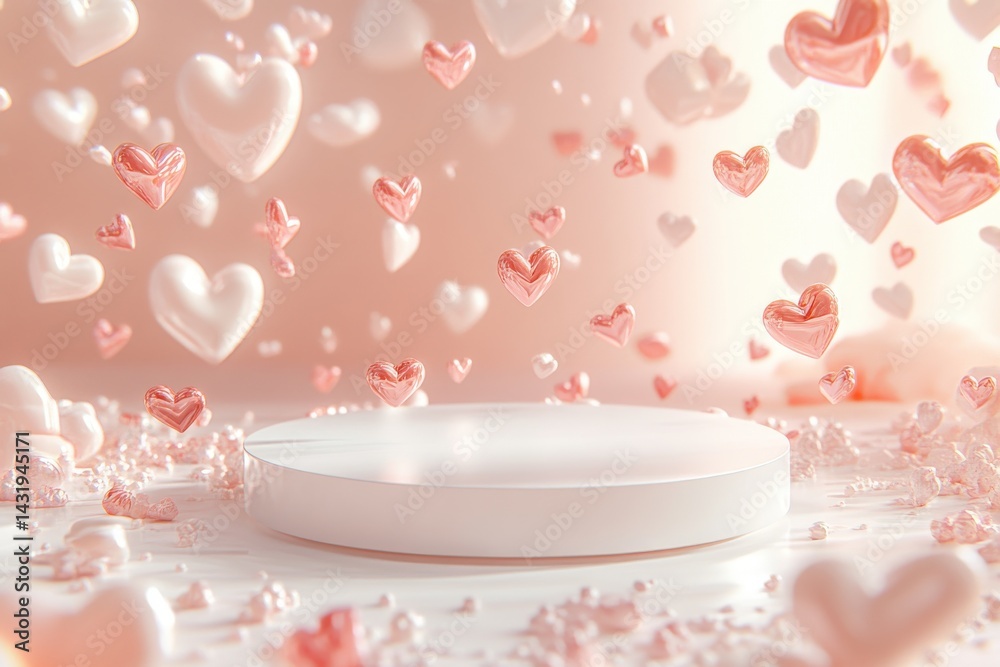 White podium display with floating hearts for valentine's day product shot White podium display with floating hearts for valentine's day product shot
