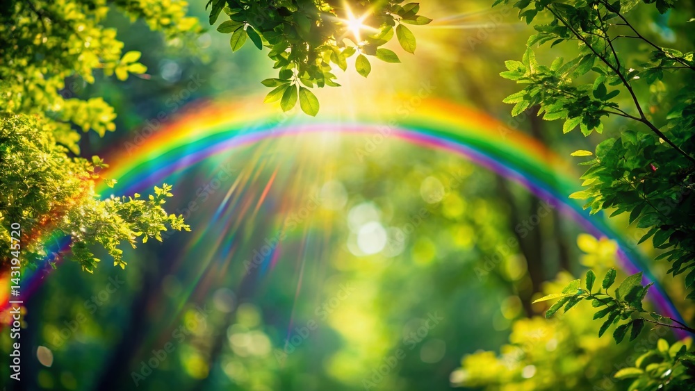 Vibrant Rainbow Arcing Over Lush Green Trees - Macro Photography Stock Photo
