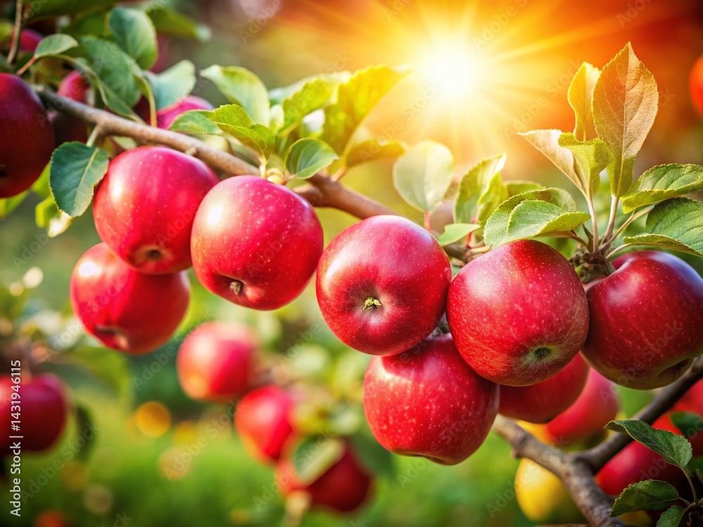 Vibrant Red Apples on Tree Branch: Growth, Freshness, Healthy Eating Stock Photo Vibrant Red Apples on Tree Branch: Growth, Freshness, Healthy Eating Stock Photo
