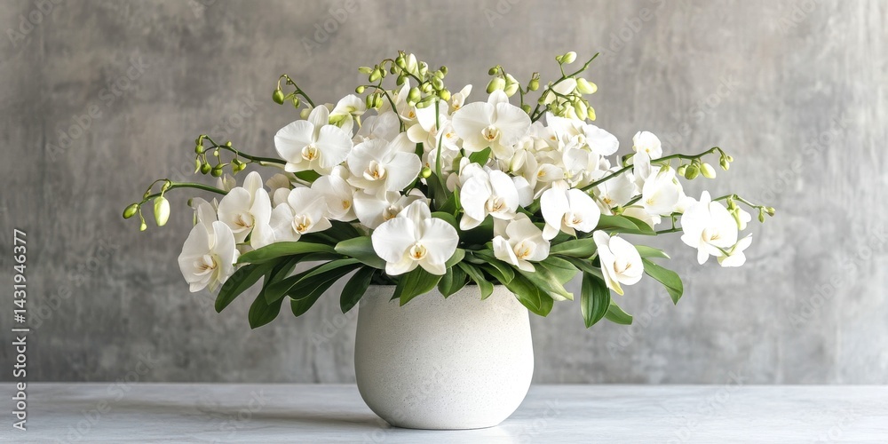 A beautiful arrangement of white orchids in a modern vase. The delicate flowers bring elegance to any space. Perfect for home decor, weddings, or special events.