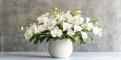 Obraz na płótnie A beautiful arrangement of white orchids in a modern vase. The delicate flowers bring elegance to any space. Perfect for home decor, weddings, or special events. w salonie