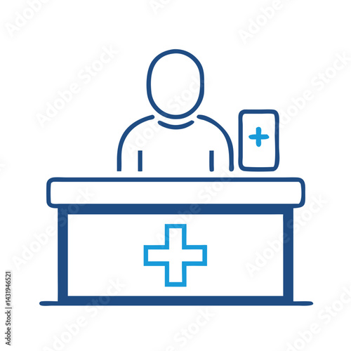 Doctor at reception desk with medical cross symbol