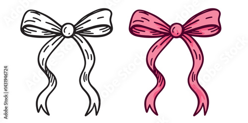 Cute pink bow with long ribbons in hand-drawn cartoon doodle style. Decorative girly element. Isolated on white background