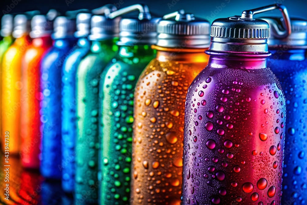 Vibrant Reusable Water Bottles: Macro Photography of Colorful Hydration Vibrant Reusable Water Bottles: Macro Photography of Colorful Hydration