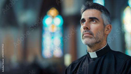 Serious young male priest in black clerical clothing sitting inside a church with stained glass windows, representing reflection and faith on World Religion Day.