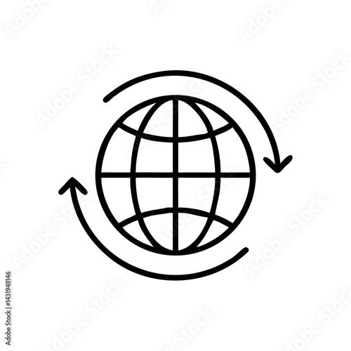 Global interconnectedness: a world spinning with constant exchange and flow in bold black lines on a white background.