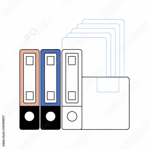 Organized information ready for action: three colorful binders stand tall, neatly storing important documents alongside a stack of papers, ready for efficient work. A clean, minimalist design.