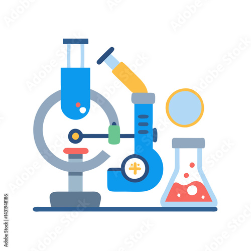 Science microscope and beaker illustration on black background