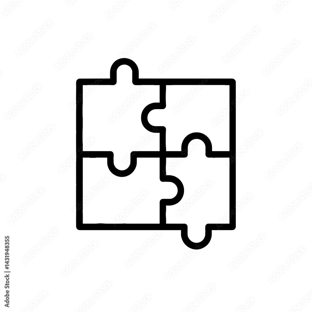 Black and white icon of four connected puzzle pieces representing teamwork, problem solving, and collaboration Black and white icon of four connected puzzle pieces representing teamwork, problem solving, and collaboration