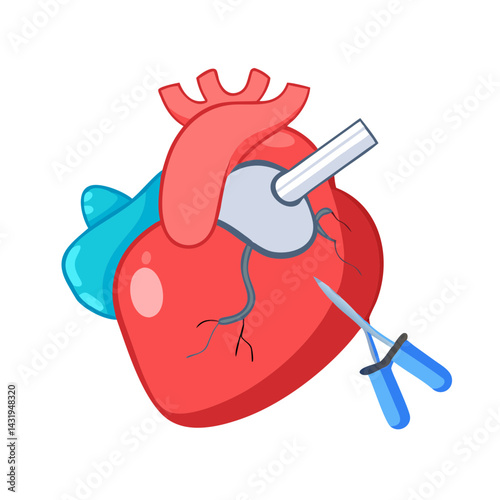 Damaged heart with medical tools, heart surgery illustration