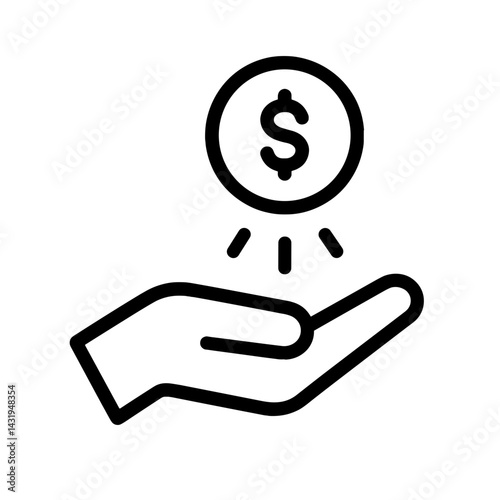 Black and white icon of hand receiving dollar coin representing payment, donation, or financial support, Tips.