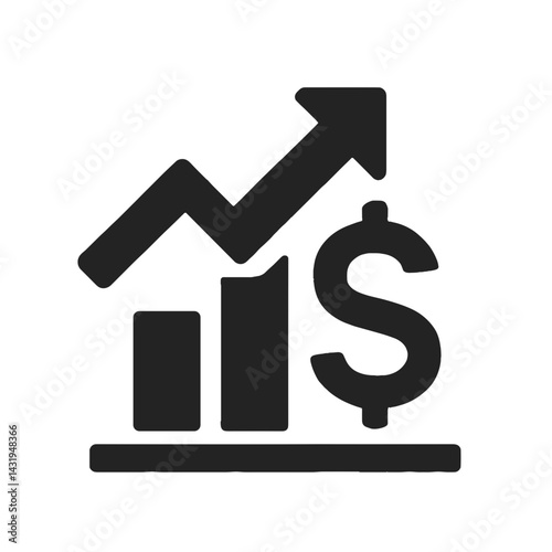 Black icon of financial growth with bar chart, upward arrow, and dollar sign symbolizing profit and economic increase