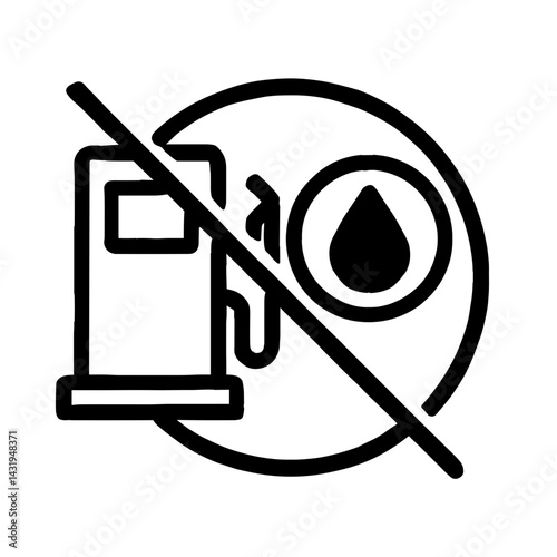 Black and white icon of no fuel or no gasoline symbol with fuel pump, oil drop, and prohibition sign. lack of resources and energy stress
