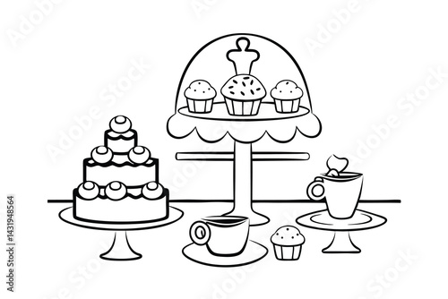 Outlined sweet treat illustration featuring cake cupcakes and hot beverages on display stands