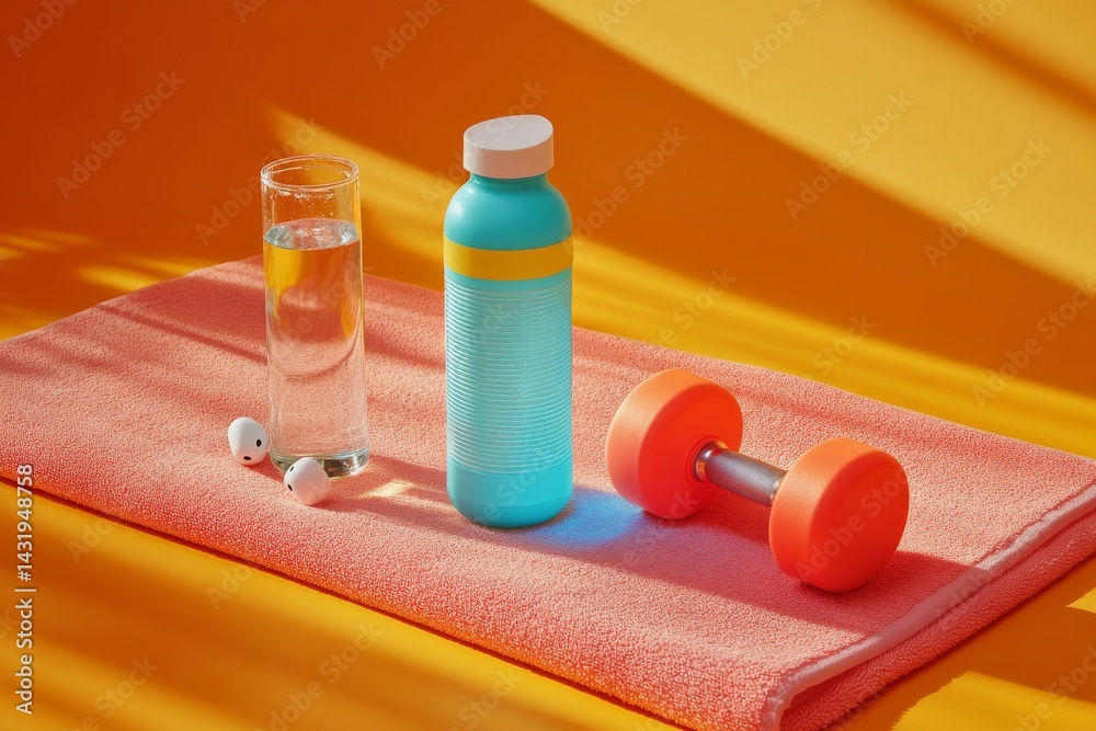 A vibrant exercise setup featuring a glass of water, a colorful water bottle, and a bright orange dumbbell. Perfect for fitness enthusiasts. Style is modern and energetic. AI