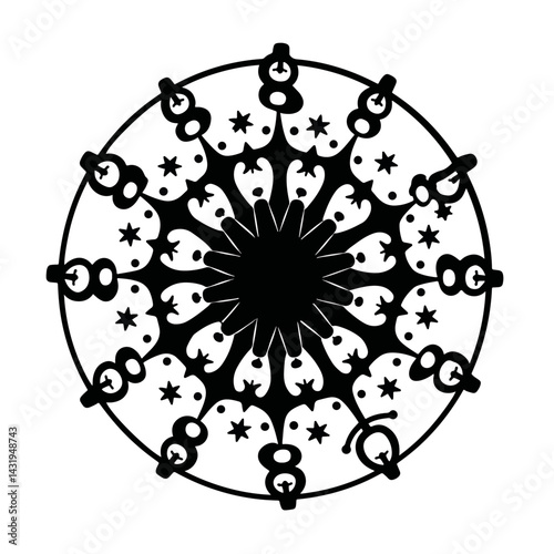Abstract black and white mandala design with star patterns  