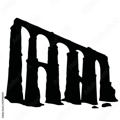 Ancient aqueduct silhouette in black against white background  