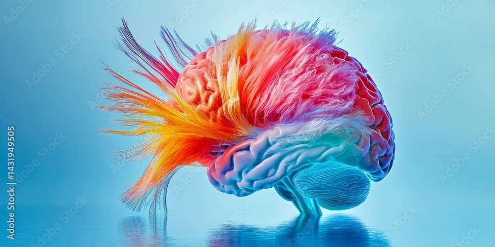 A vibrant, colorful brain model showcasing neural connections. This image represents creativity and innovation. Ideal for educational and artistic uses. Stunning visuals. AI