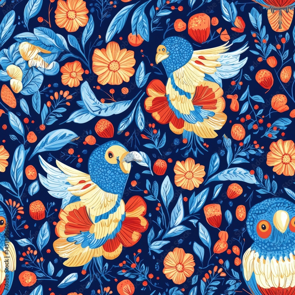 Fototapeta premium Vibrant Tropical Bird and Floral Seamless Pattern Design: A Kaleidoscope of Colors and Nature's Beauty