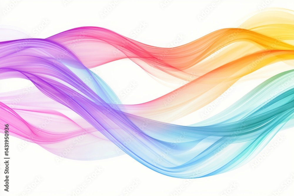 Colorful wavy ribbons flowing across a bright white clean canvas view Colorful wavy ribbons flowing across a bright white clean canvas view