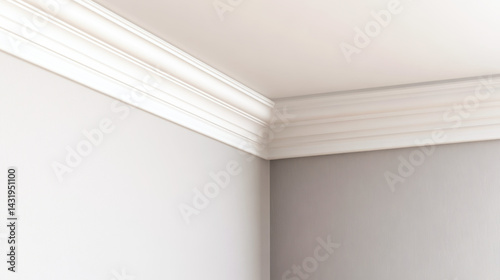 Detail of white ceiling cornice connecting walls and ceiling in renovated room, seamless decorative coating application, clean background
