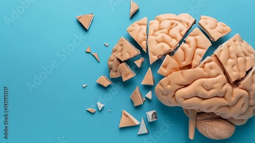 Creative representation of brain disintegration on light blue background showcasing shattered pieces in an artistic manner