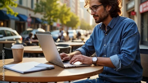 Working outdoors at a cafe on a sunny day while drinking coffee in the city