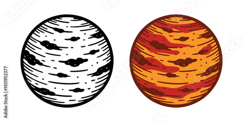 Vintage-style illustration of a cloudy planet in black and color version, textured space object isolated on white background