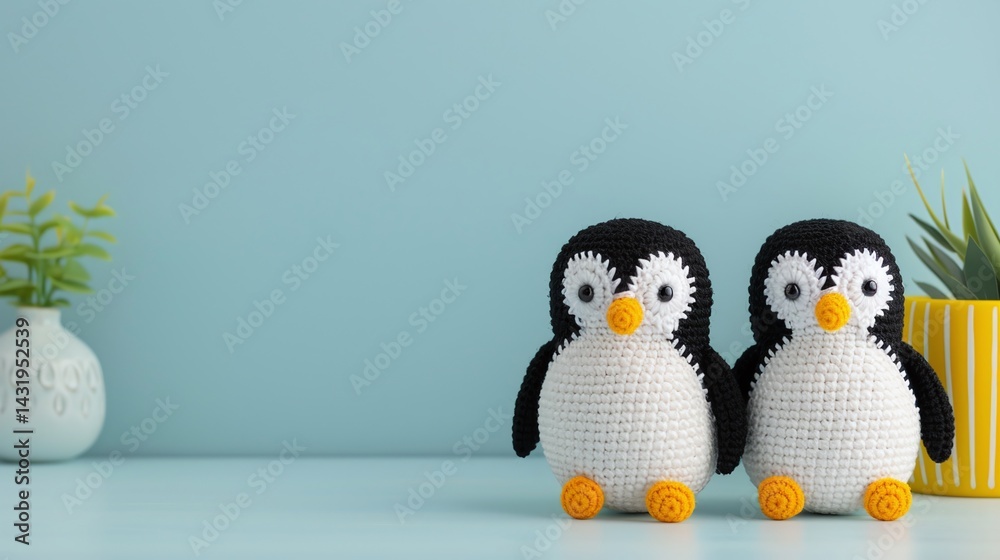 Obraz premium Pair of crochet penguins, soft blue background, handmade plush, cute winter animals, charming kids room decor, minimalistic, playful friends, cozy yarn, fun nursery style, copy space